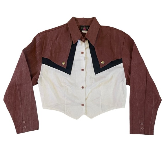 Vintage Wildfire Rust Red & White Buttondown Crop Cowgirl Western Top Blouse - Picture 4 of 11